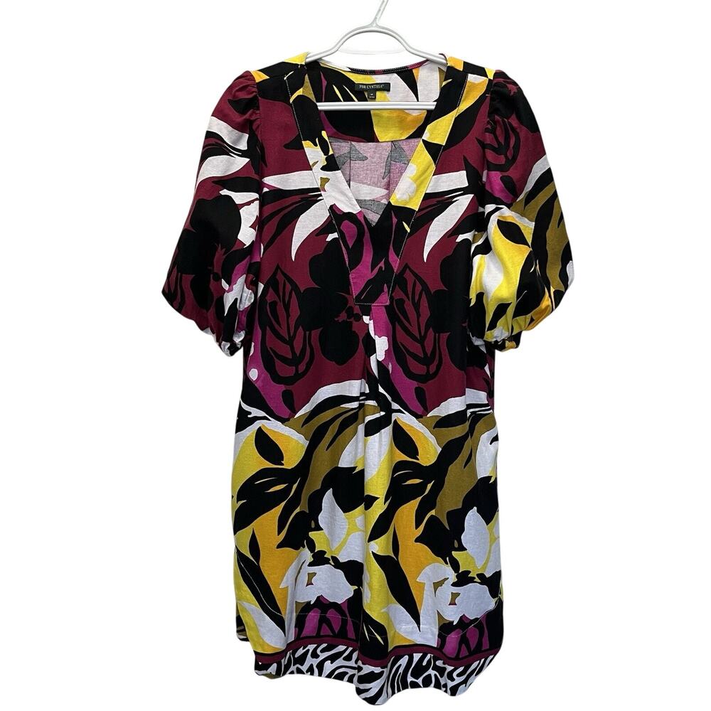 For Cynthia | Linen Yellow Pink Midi Tiered Drop Waist Dress Medium Puff Sleeve - Picture 2 of 5